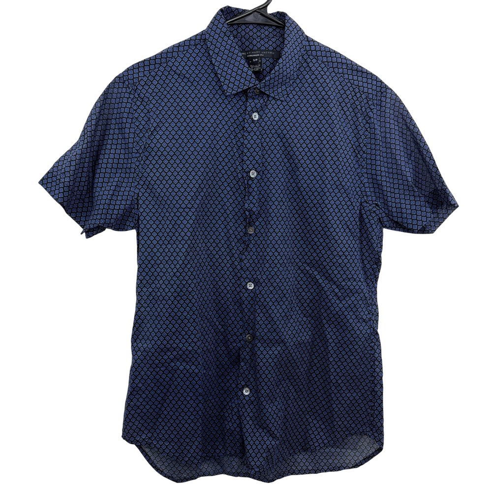 Marc By Marc Jacobs Shirt Mens Small Blue Shrunken Fit Geometric Short Sleeve